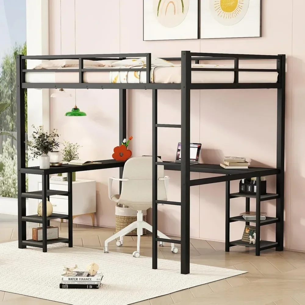 Cama alta de tamanho completo com escadas e mesa, cama alta de jogos de metal com luz LED RGB, estrutura de cama alta de aço resistente com armazenamento