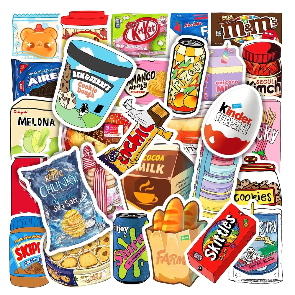 50 pezzi di cibo, bevande, latte, imballaggio, adesivi, telefono, bici, muro, album, moto, auto fresca, adesivo impermeabile per cartoni animati, per giocattoli per bambini