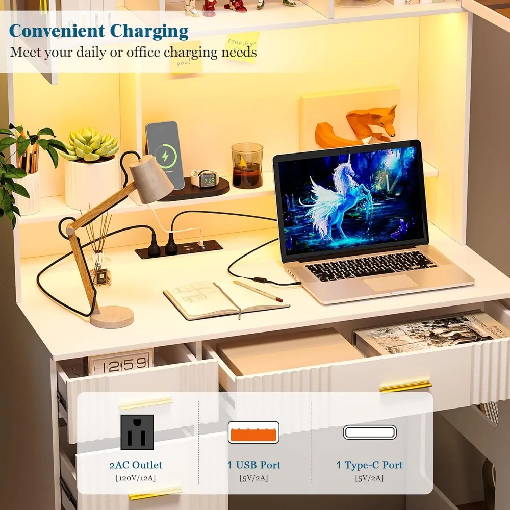 School Desks.LED Study Desk with Hutch and Drawer, Home Office Desk with Outlet, Computer Desk with Charging Station,