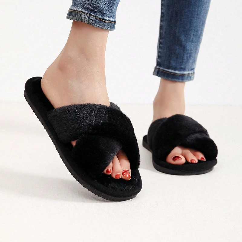 Herfst Nieuwe Mode Cross Strap Bont Slippers Vrouwen Indoor Licht Warm Pluche Thuis Slippers Vrouw Nepbont Platte Hak Paar Slides