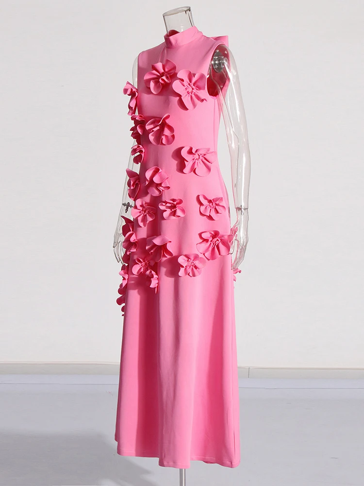 TWOTWINSTYLE Spliced Appliques Elegant ชุดผู้หญิงคอแขนกุดเอวสูง Patchwork ซิปชุดยาวหญิง