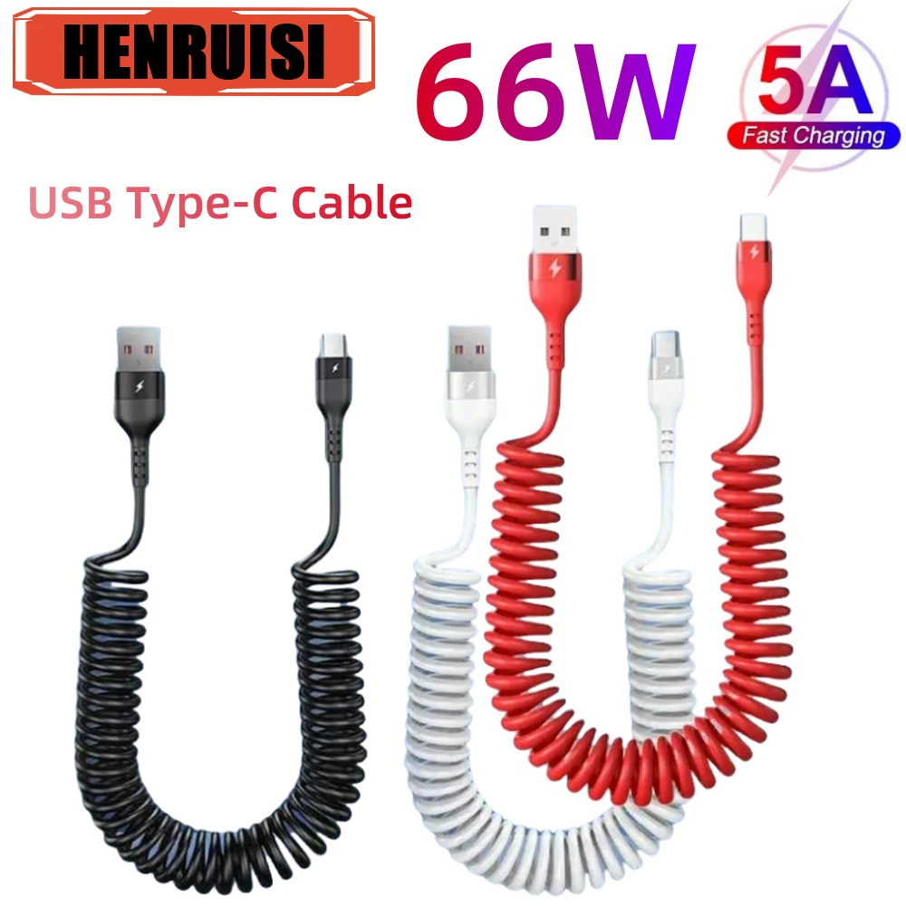 Cavo USB per caricabatteria per telefono per auto telescopico a molla per ricarica rapida da 66 W 5A per Samsung Xiaomi Redmi Cavo di ricarica USB C