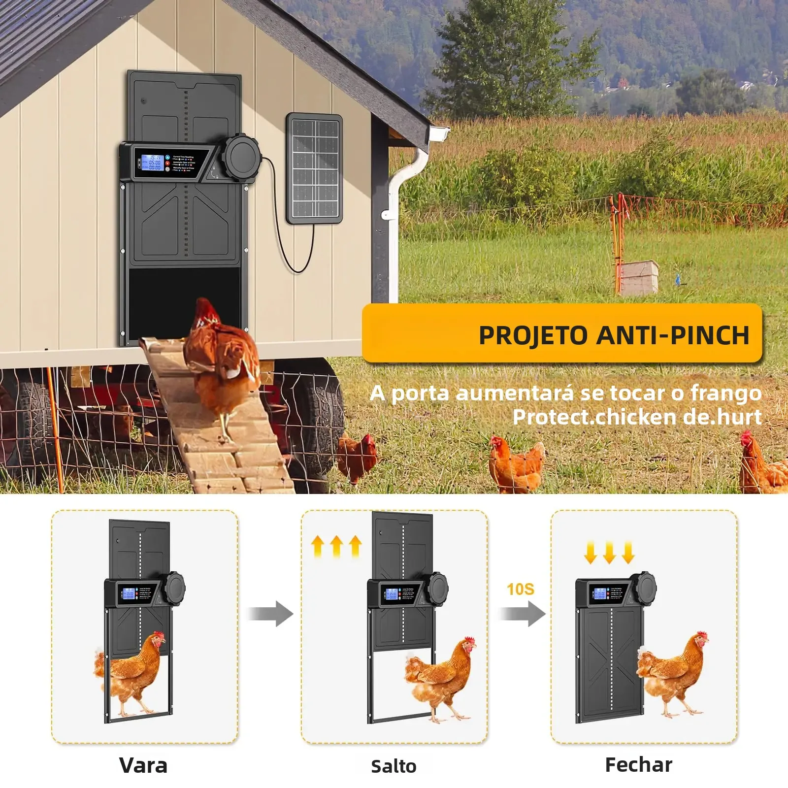 Porta automática de galinheiro movida a energia solar, porta automática de galinheiro com display LCD com temporizador Porta de frango de liga de alumínio com controle remoto