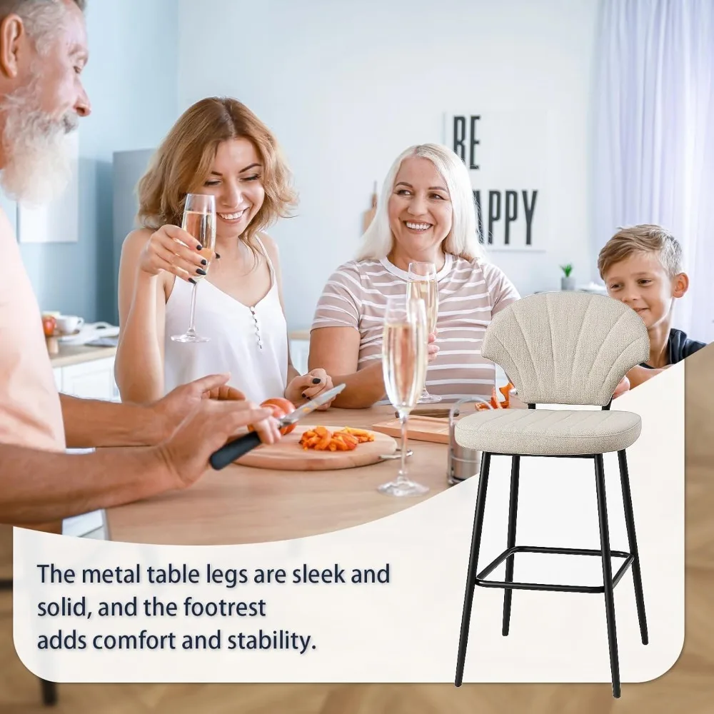 Bar Stools Set of 4, Counter Height BarStools with Shell-Shaped Backrest, Island Chairs with Metal Legs and Footrest, Modern Bar