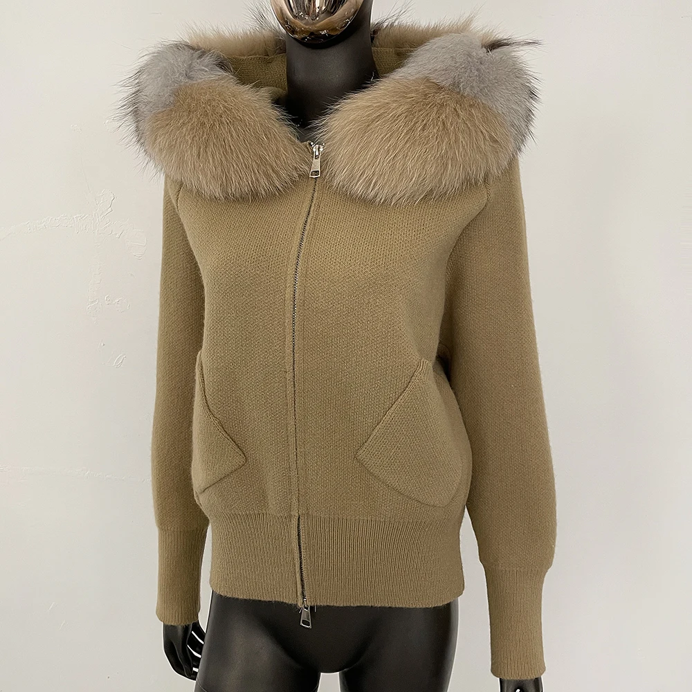 OFTBUY Echt Fox Pelz Kragen Kurze Strickjacke Mode Herbst Winter Kleidung Weibliche Mit Kapuze Große Gestrickte Jacke Natürliche Pelzmantel Frauen