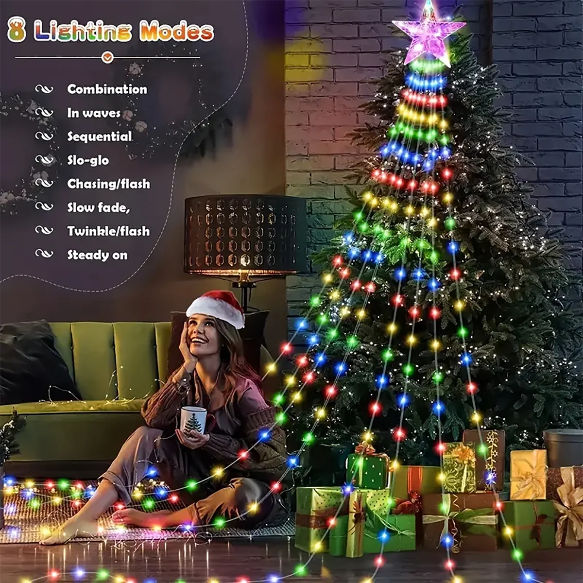 Pentagram กันน้ํา String Light พลังงานแสงอาทิตย์ตกแต่งคริสต์มาส 3 M/2 M Led น้ําตกต้นไม้ Fairy โคมไฟ 8 โหมด Camping วันหยุดไฟ