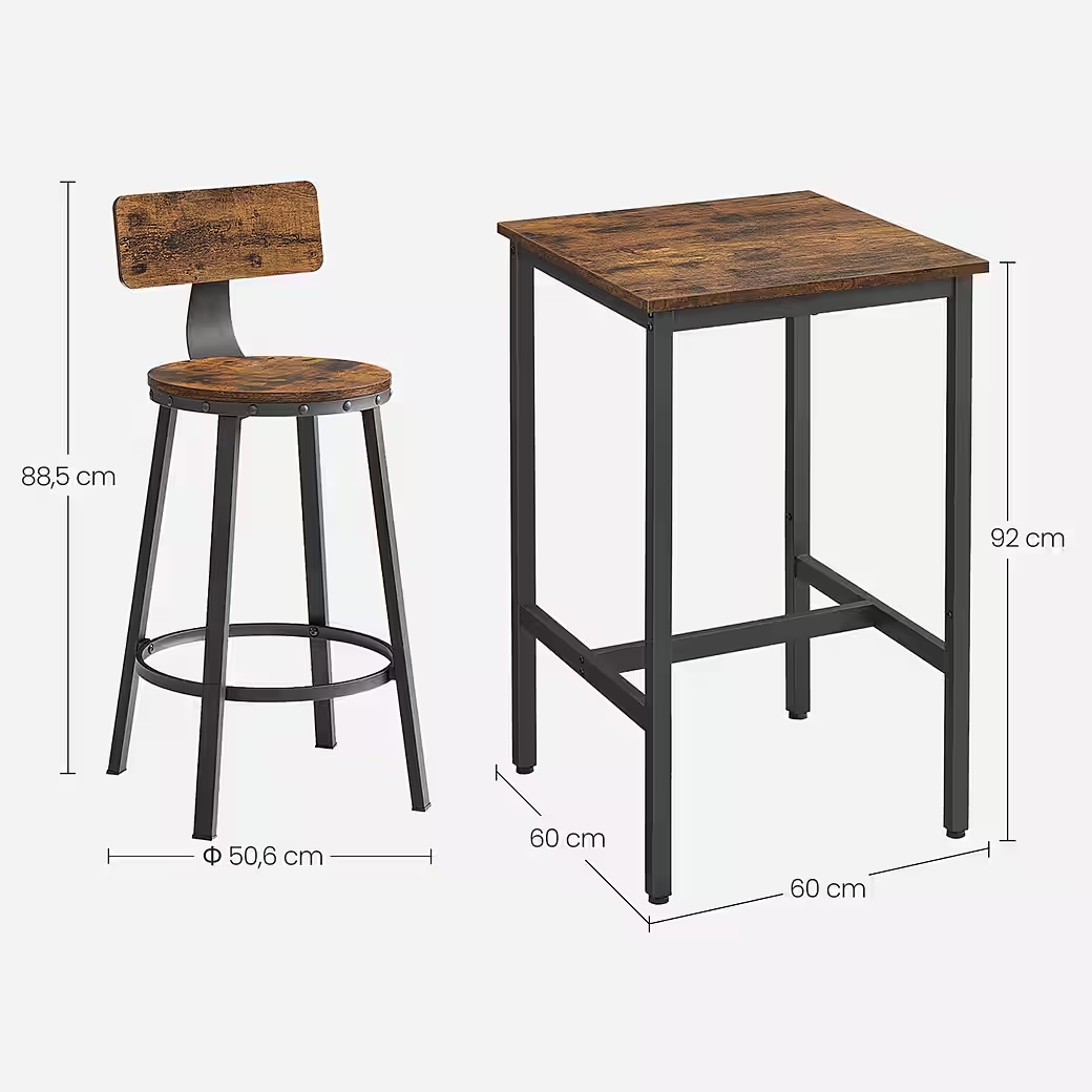 VASAGLE Bartisch mit 2 Barhockern Set, Stehtisch, Küchentisch hoch, Küchenstühle, Barstuhl, Küchenstuhl, Metallgestell