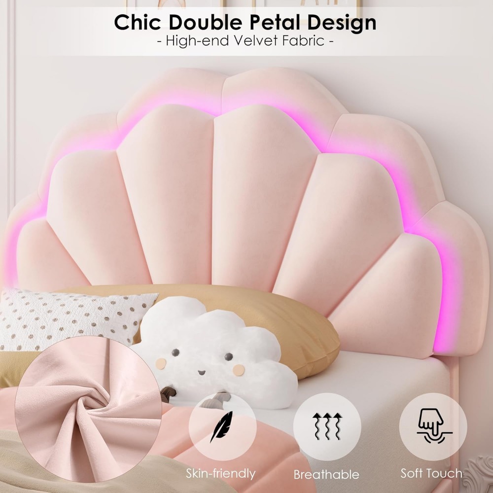 HIFIT Twin Upholstered Smart LED Bed Frame with Storage Drawer and Adjustable Chic Double Petal Headboard, Princess Platform Bed