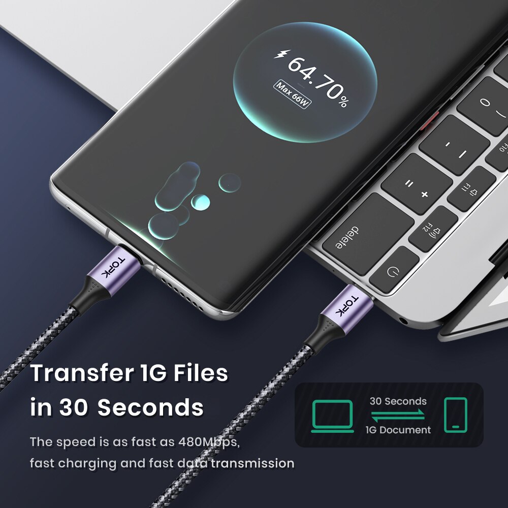 TOPK 60W PD cable cargador rápido USB C a USB tipo C cable para MacBook Pro USB C PD cable de carga rápida para Samsung Xiaomii