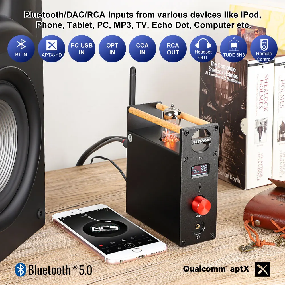 AIYIMA Audio T8 Tube Vacuum Premplifier Bluetooth Amplifier Headphone Amplifier HiFi Bluetooth Preamp Decoder DAC USB Optical