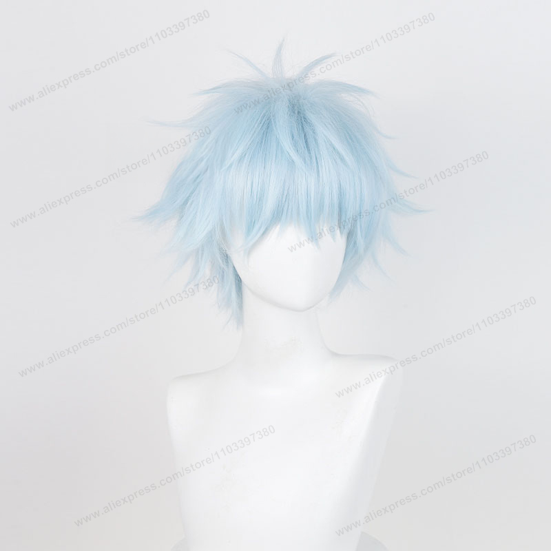 岡崎新一コスプレウィッグ 30 センチメートルライトブルーふわふわ男の髪高品質アニメナナ耐熱合成かつら