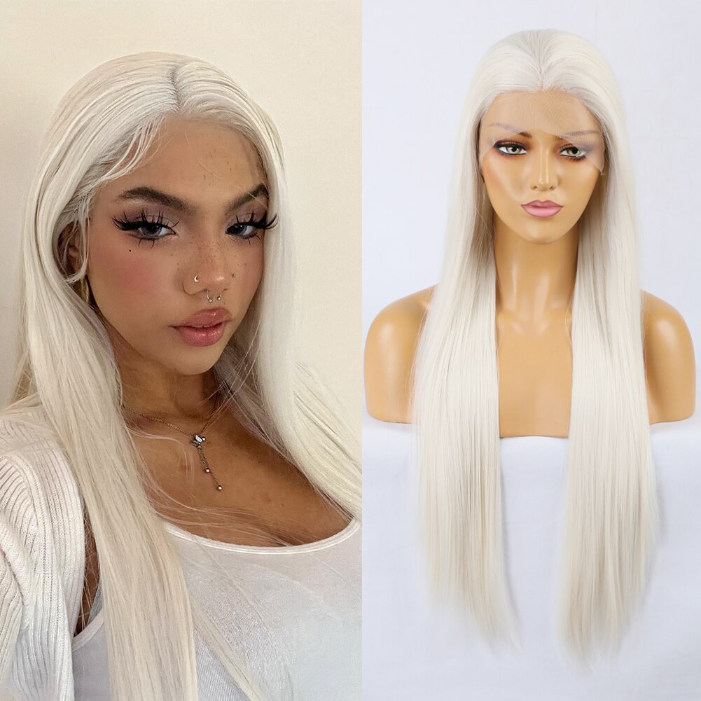 Peruca frontal de renda sintética para mulheres, cabelos lisos longos, cabelo de bebê, resistente ao calor, cosplay de festa, preto, loiro