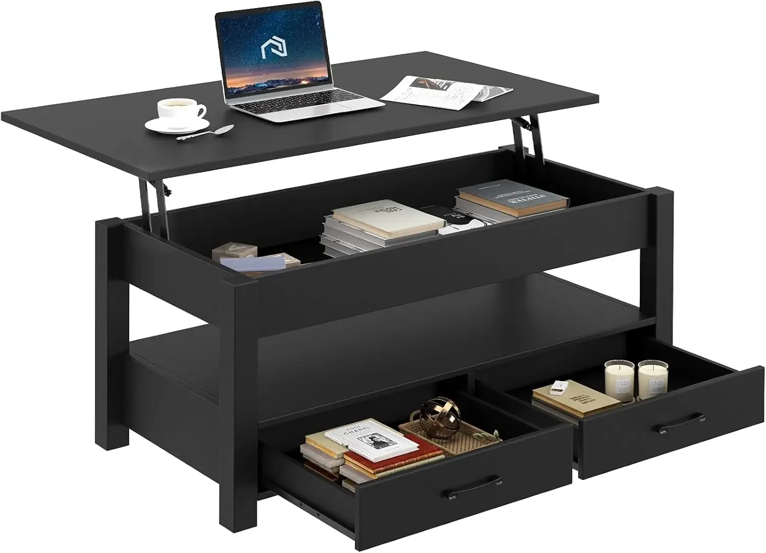 Mesa de centro elevable con cajones y compartimento oculto, mesa central retro con mesa elevadora de madera