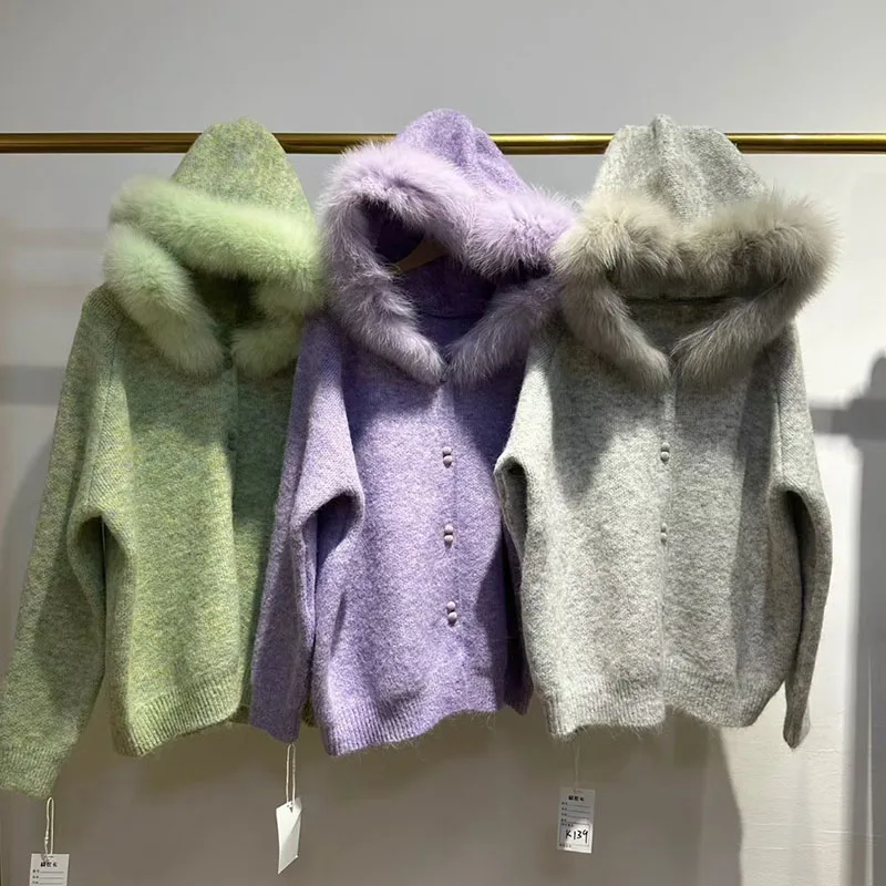 Feminino 2025 real pele de raposa com capuz guarnição cardigan com zíper moda manga longa camisola de malha curta com listra de pele real