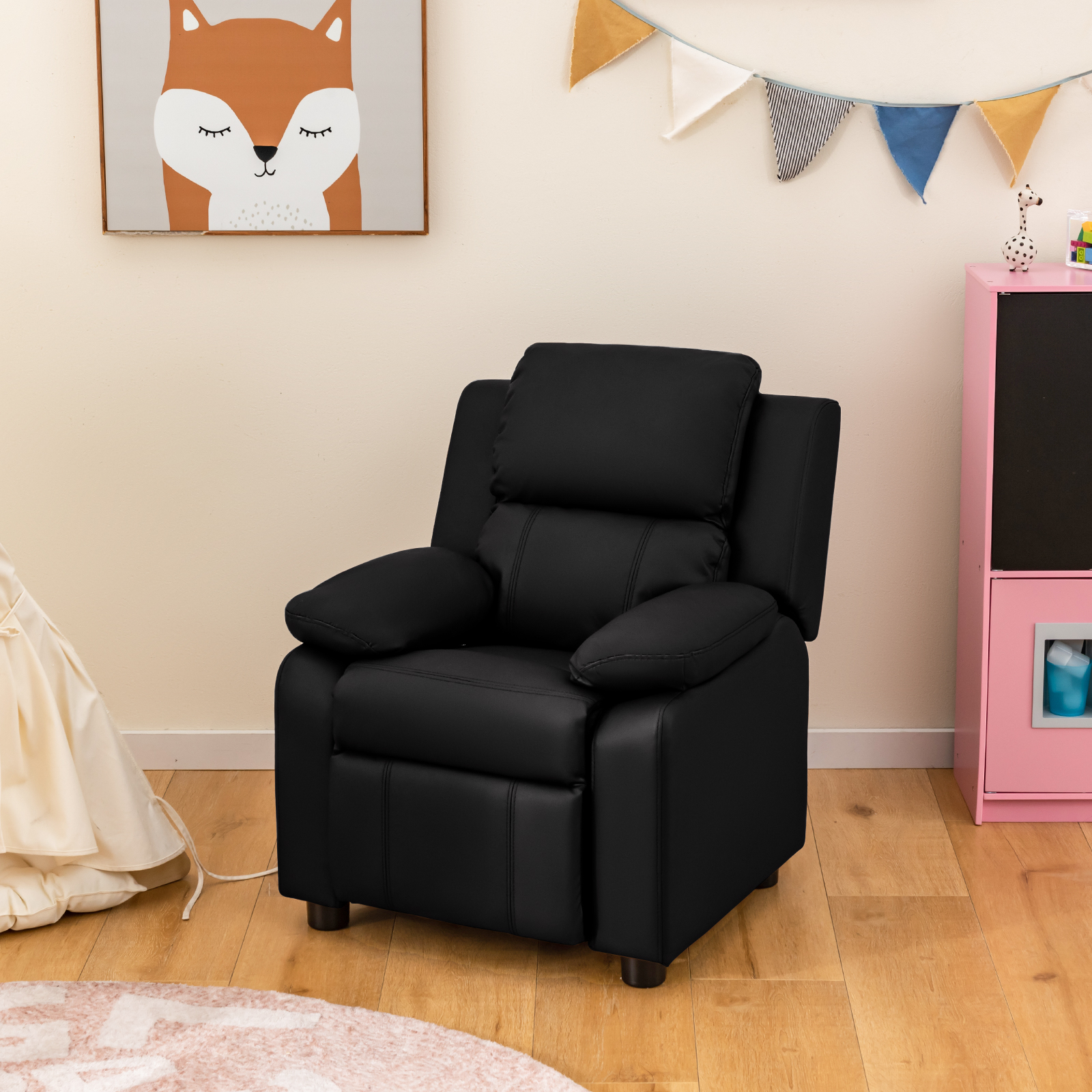 GOFLAME Recliner Chair, PU Leather Toddler Sofa Chair w/ Armrest Storage, Adjustable Backrest & Footrest