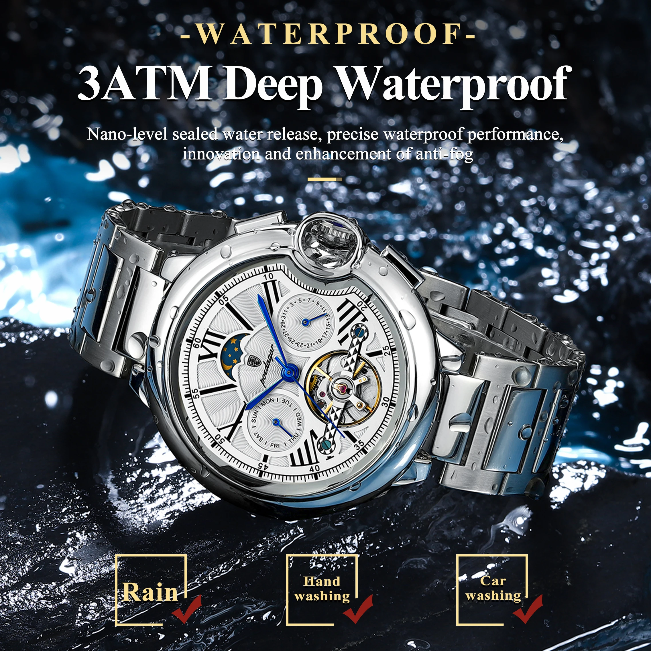 Reloj POEDAGAR de lujo para hombre, Tourbillon hueco, reloj mecánico automático para hombre, relojes impermeables con fecha y semana de acero inoxidable para hombre