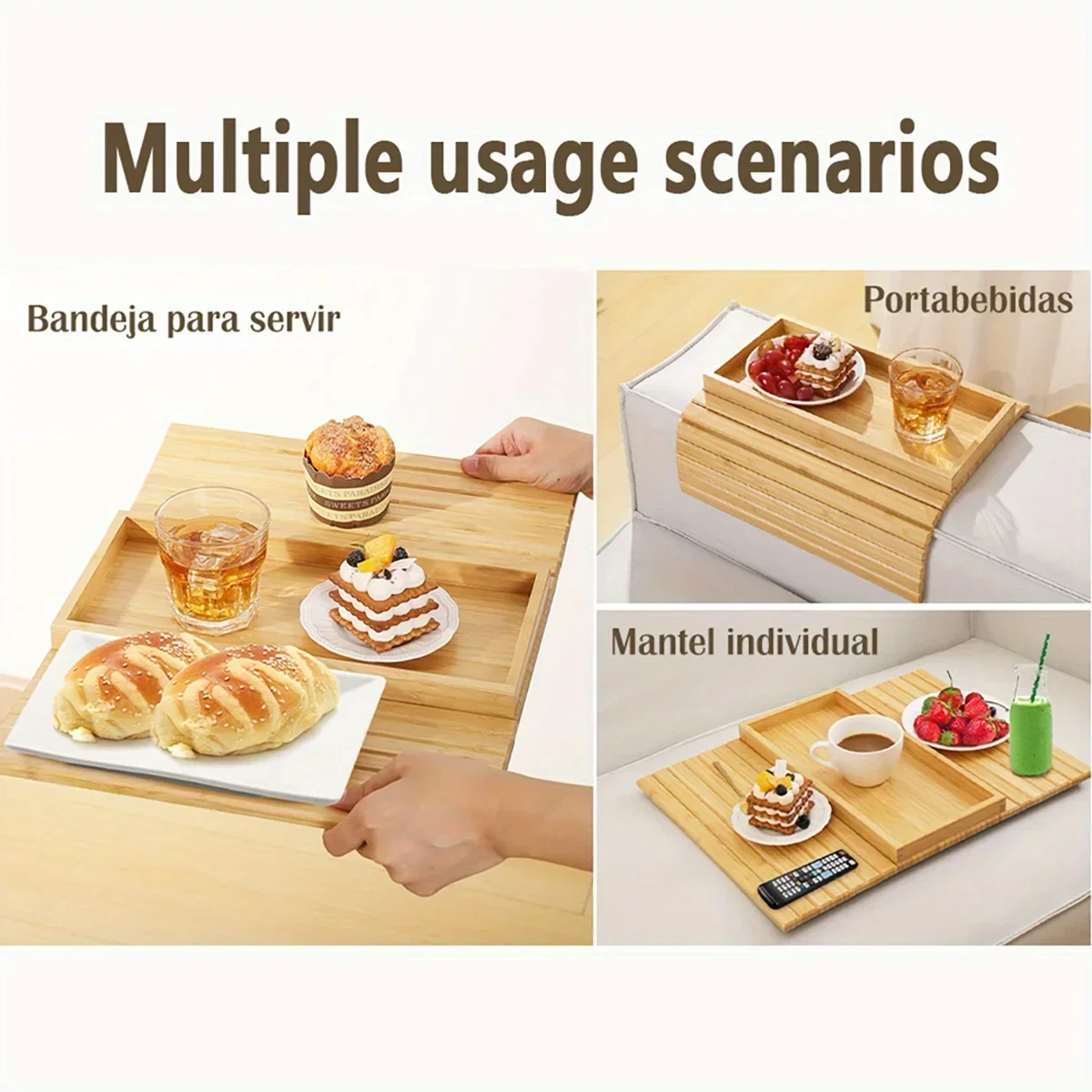 Sofa Armrest Tray Collapsible Bamboo Sofa Armrest Table, Non-slip Sofa Armrest Tray with Cup Holder, Snack Side Table