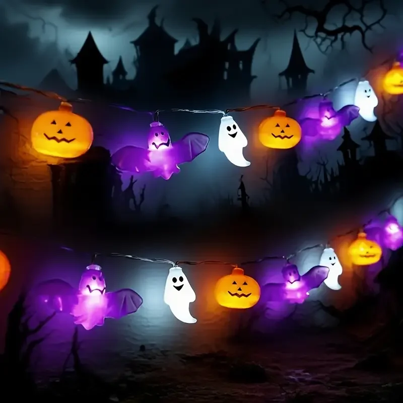 1 szt. 10/20/40 LED-owych lampki sznurkowe na Halloween, zasilane bateriami, w kształcie dyni, nietoperza, ducha, do dekoracji wnętrz, na dziedziniec, na Halloween.