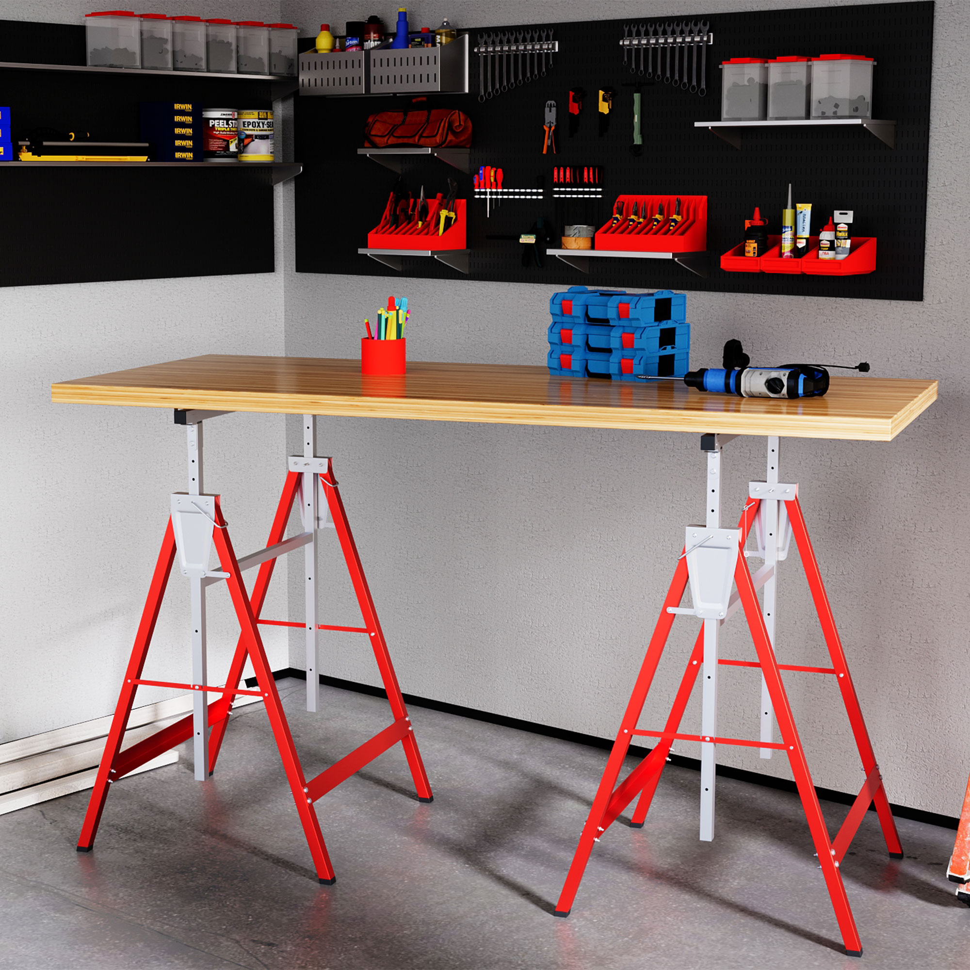 HOMCOM Set Of 2 Steel Saw Horses Telescopic Builders Work Bench Folding Red