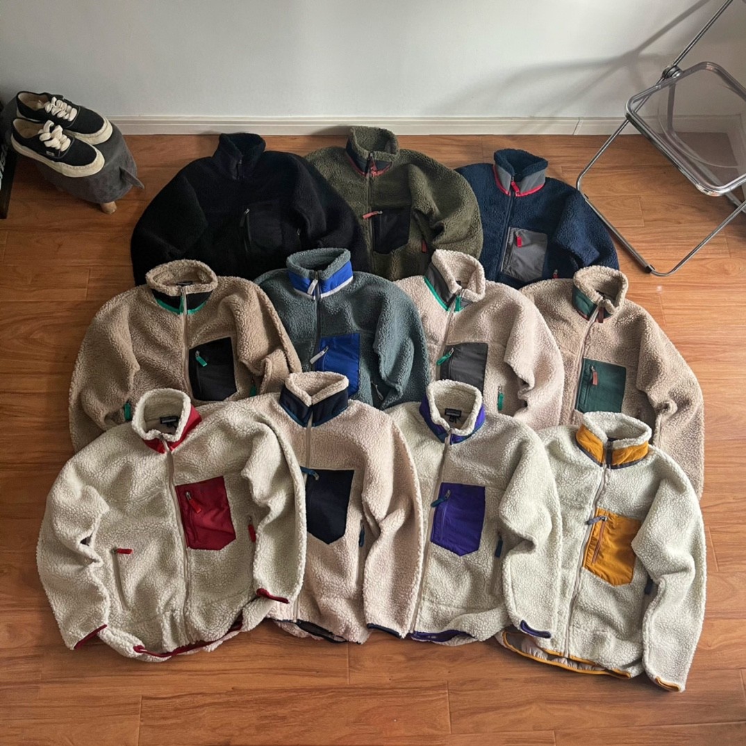 Jaqueta unissex de lã de cordeiro com ajuste solto – gola alta, multicolorida, casaco de lã quente com bolsos retrô contrastantes para uso casual