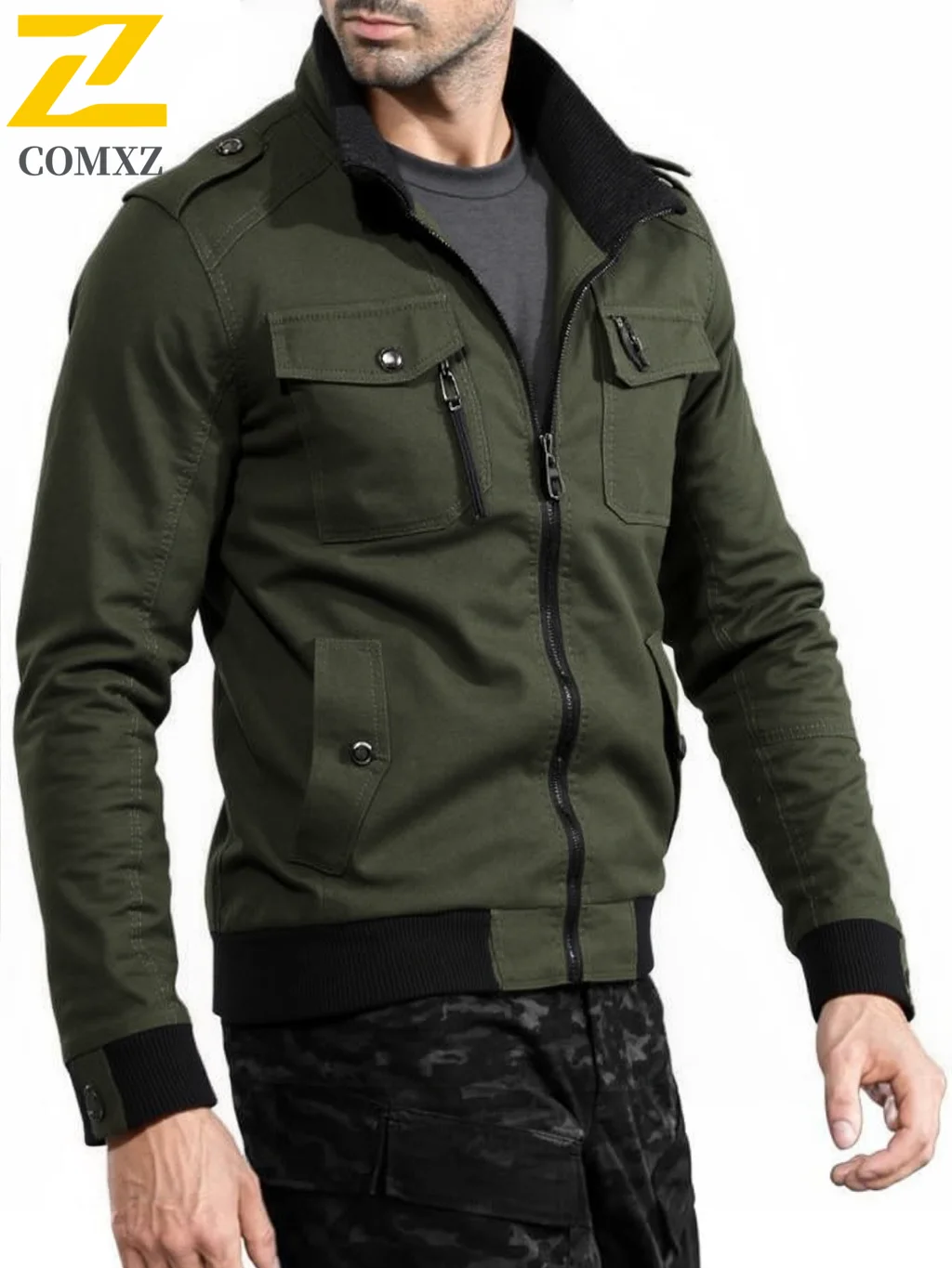 Chaqueta de algodón con cremallera completa de Color sólido para hombre, abrigo ligero de otoño de talla grande con cuello levantado, ropa de abrigo informal con múltiples bolsillos
