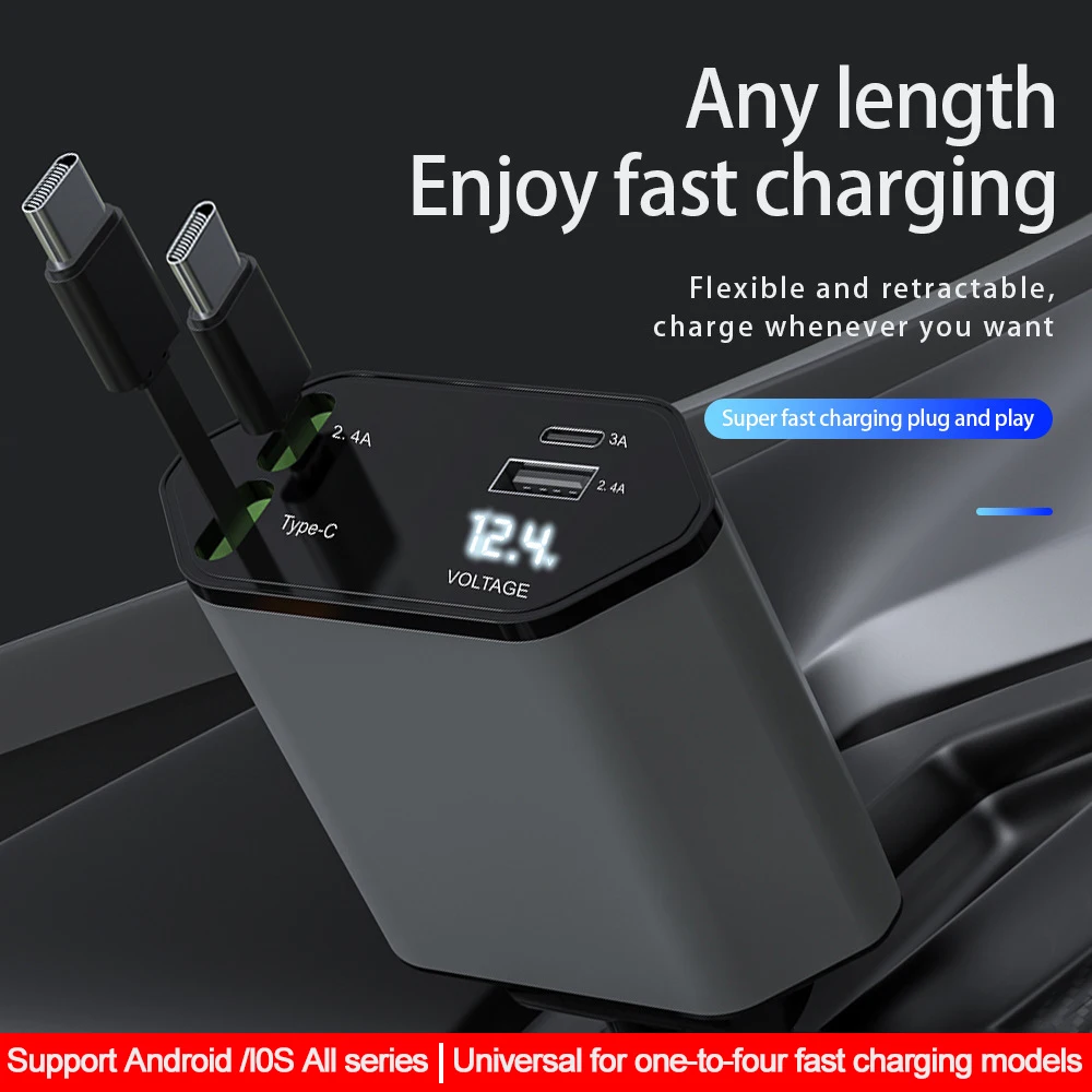 Cargador de coche retráctil de 120W con Cable USB tipo C 4 en 1, adaptador de carga rápida para teléfono iPhone y Samsung