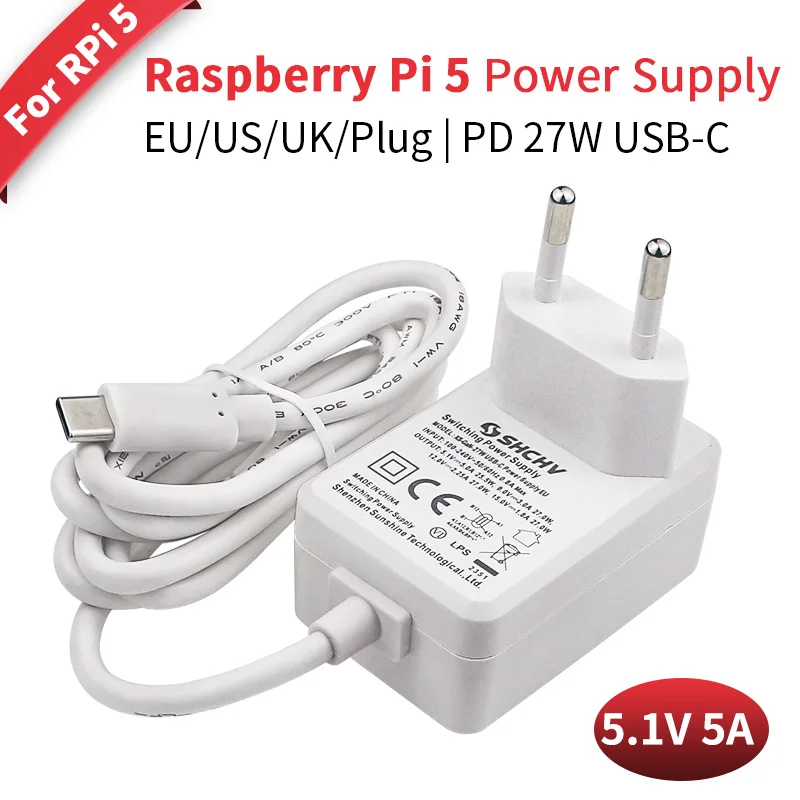 Блок питания Raspberry Pi 5 27 Вт, 5,1 В, 5 А, зарядное устройство USB Type C, вилка европейского стандарта, США, Великобритании для Raspberry Pi 5/4B RPI 5