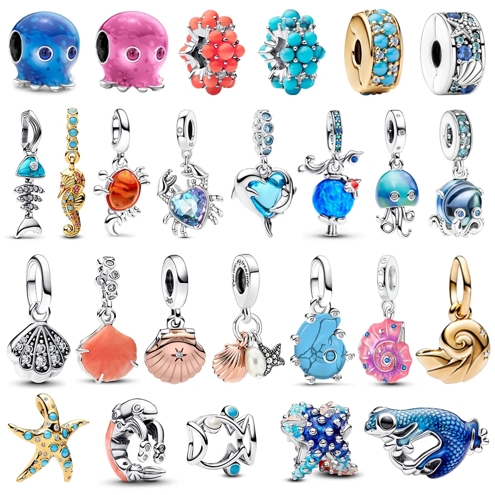 Moda 925 prata esterlina azul murano vidro golfinhos pingente & cavalo marinho balançar charme se encaixa pulseira presentes requintados das mulheres