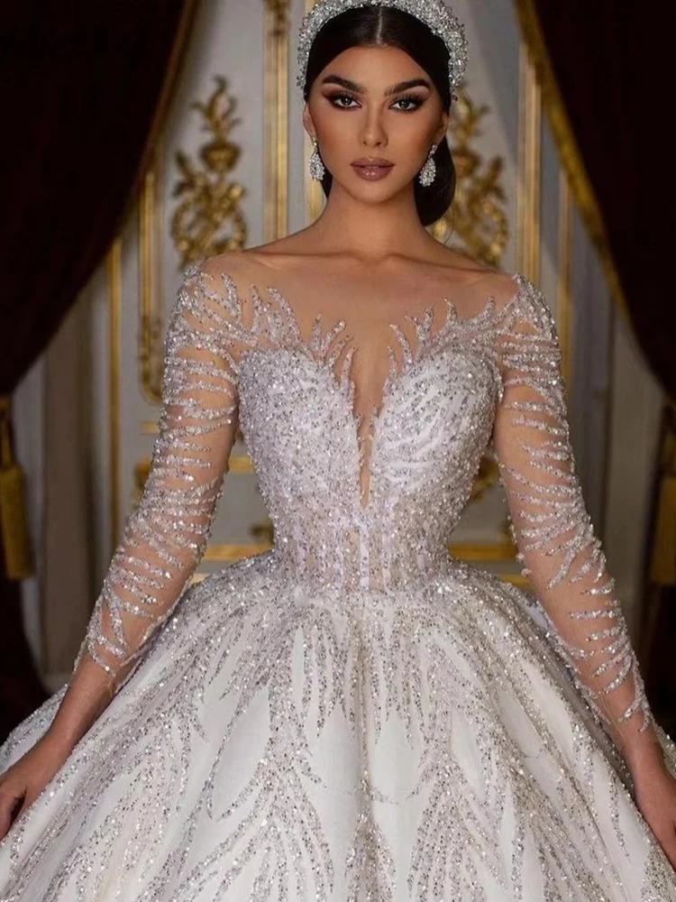 Glitter Hochzeit Kleid Spitze Mit Perlen Ballkleid Prinzessin Volle Hülse O-ansatz Braut Kleid Backless Angepasst Vestido De Novia