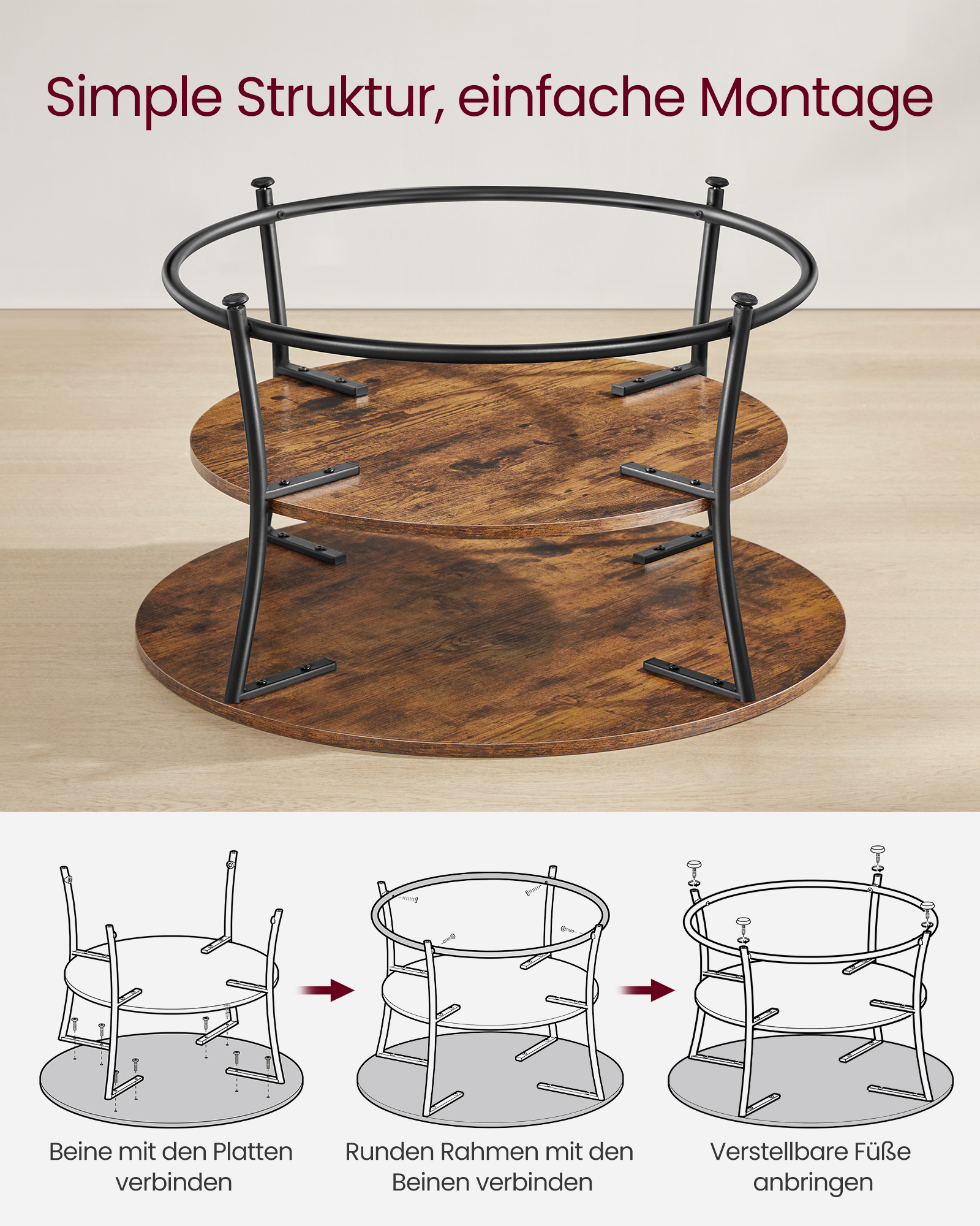 VASAGLE salontafel ronde woonkamertafel banktafel met plank, eenvoudig constructie metaal industrieel ontwerp