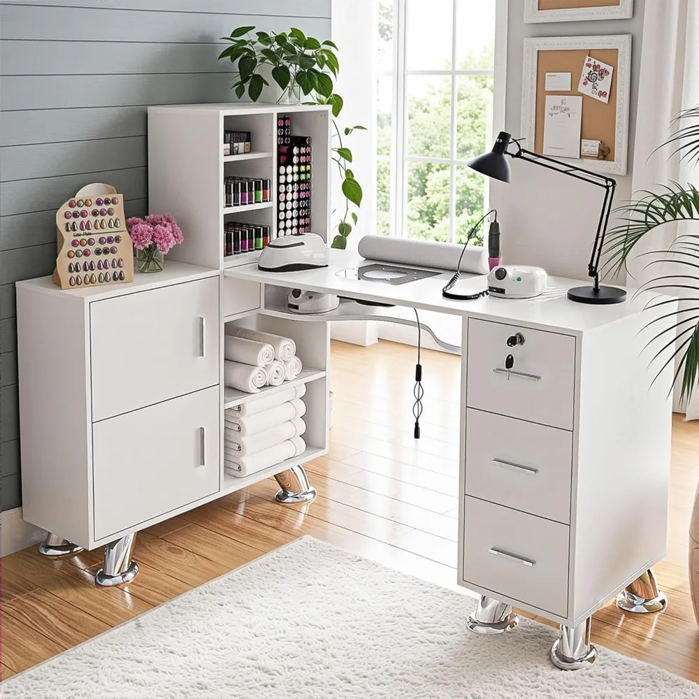 Manicure Table Nail Station w/Dust Collector - L-Shaped Nail Tech Table with Shelves, Storage Cabinets, Drawers, Metal Handles