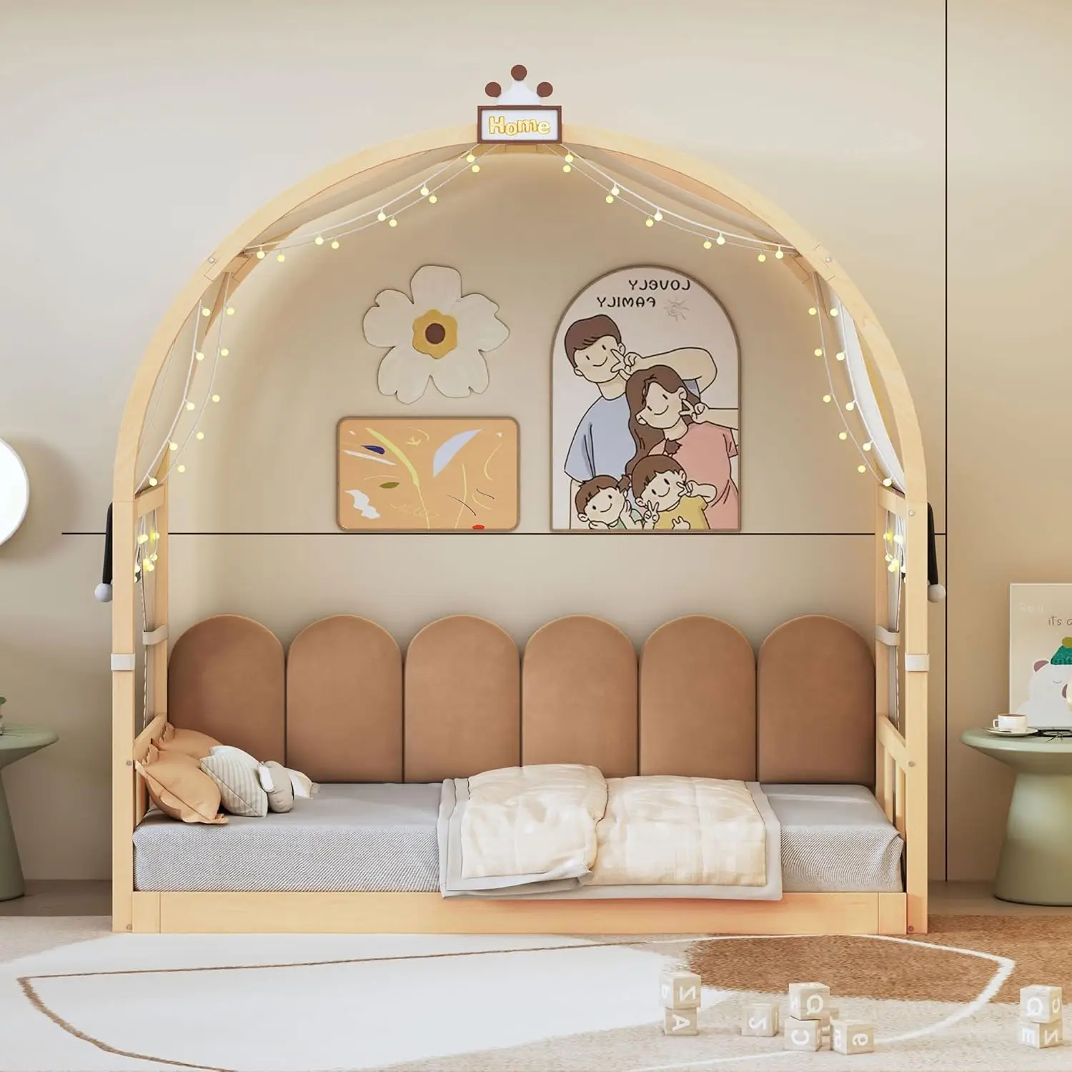 Floor Bed with Light and Curtain Twin to 2 Twin, Wood House Montessori Bed Frame with Arched Roof and Trundle, Extending Kids
