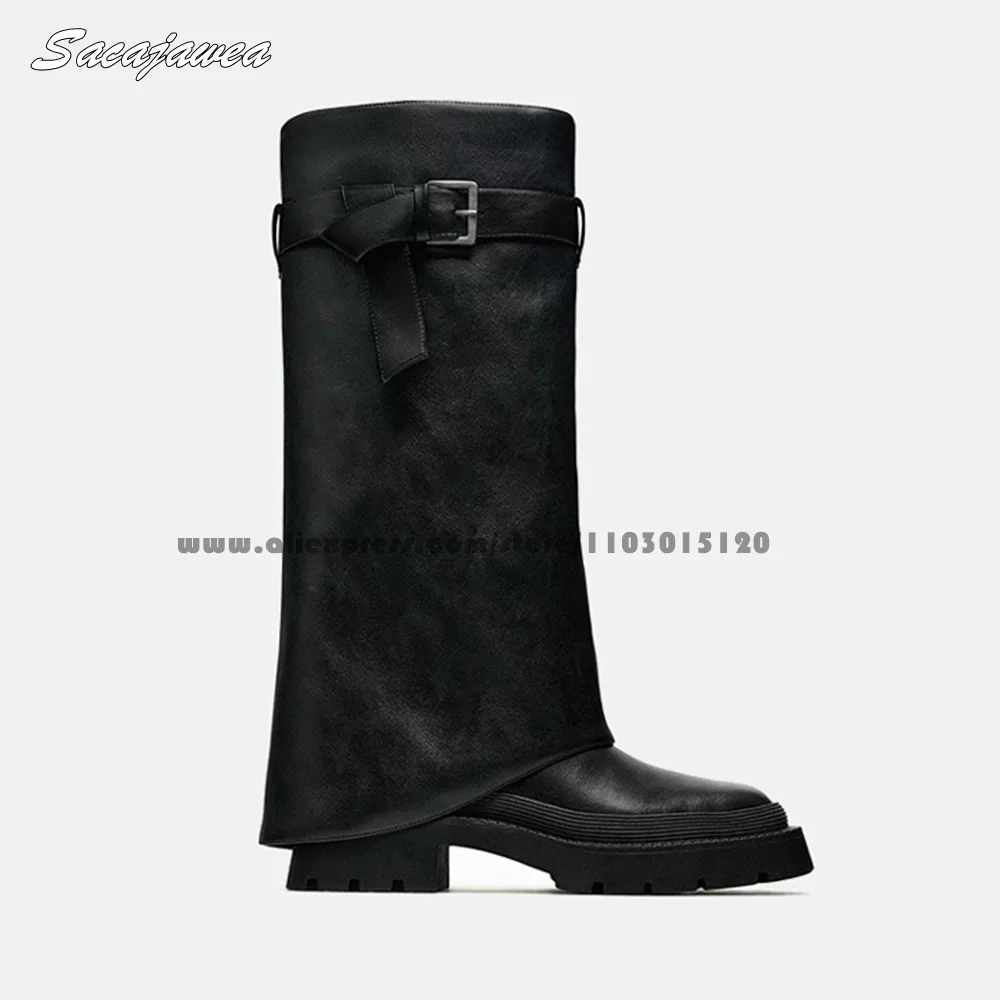 Sepatu bot kasual Wanita hak 4CM, sepatu bot kulit kasual, celana panjang tinggi selutut, gaya Catwalk, sepatu bot tinggi, hak 4CM, sepatu bot ukuran 35-40, tali sabuk, gesper, HITAM