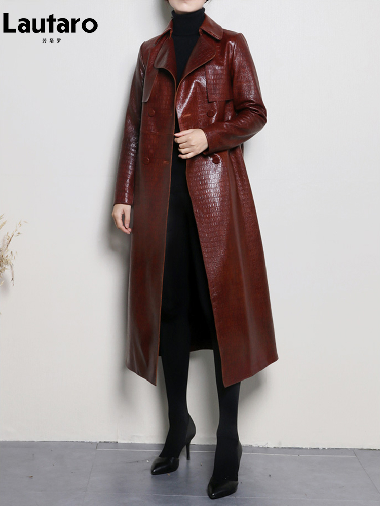 Lautaro-光沢のある反射,模造皮革,女性用トレンチコート,ベルト付きダブルブレスト,高級デザイナーウェア2023