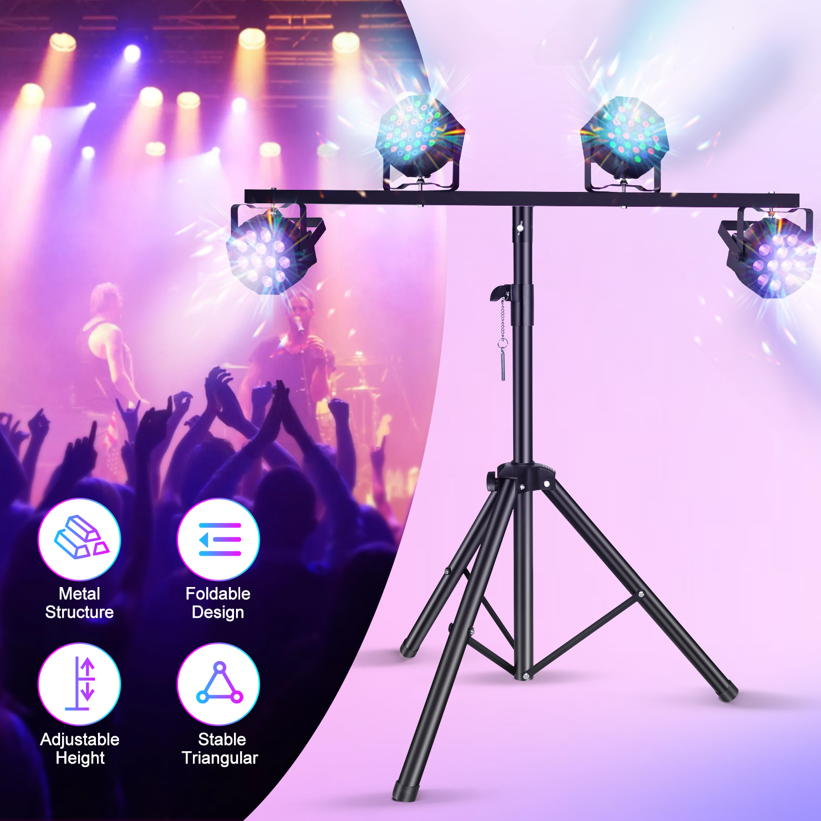 Somspot Pro Audio DJ Adjustable Tripod Stand with Top T Bar for Par Cans Wash or Universal Lighting Fixtures