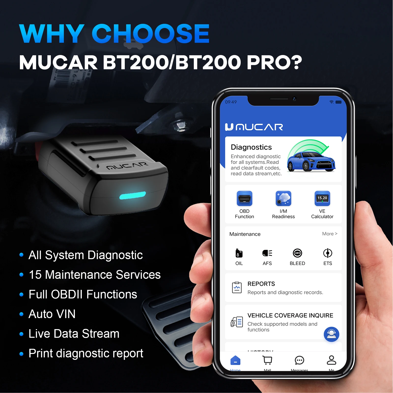 Mucar bt200/bt200 pro obd2 bluetooth ferramenta de diagnóstico sistema completo diagnosticar óleo sas 15 redefinir obd 2 scanner para todos os leitores de código do carro
