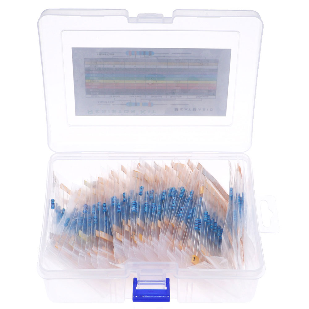 1/8W 1/4W 1/2W 1W 2W Kit de sortimento de resistores de filme de metal Caixa 1% pacote de resistor de componentes eletrônicos