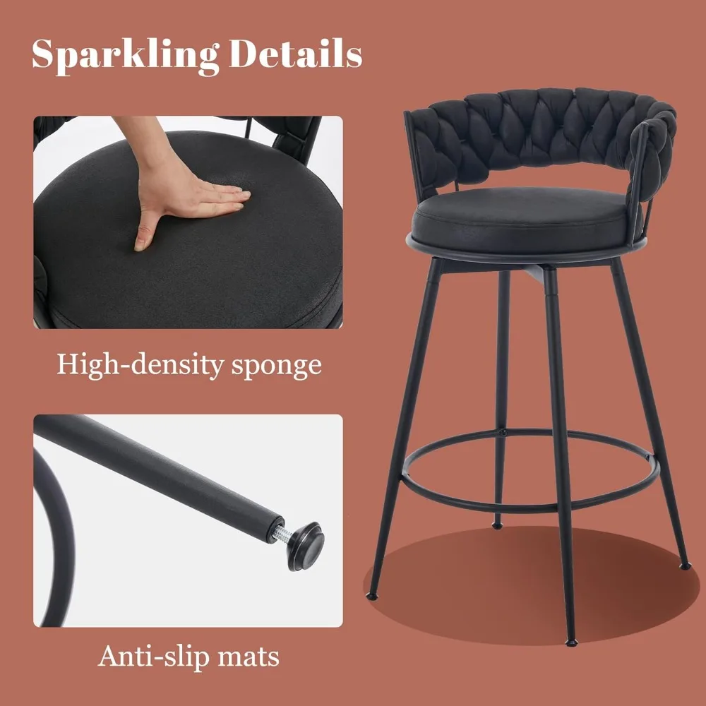 360° Swivel Bar Stools Set of 3, 28 inch Counter Height Bar Stools Modern Barstools with Woven Back and Suede Fabric, Metal