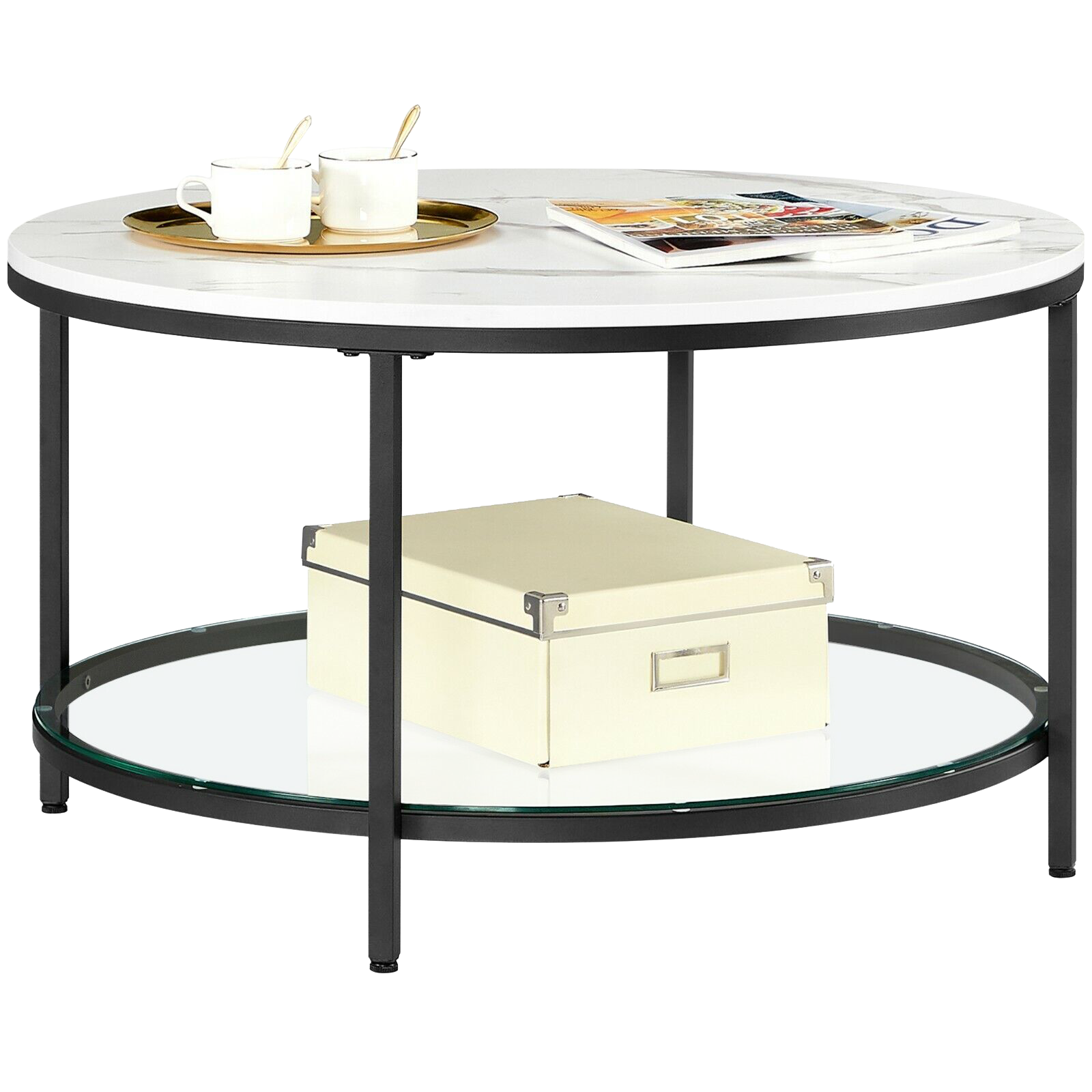VASAGLE Coffee Table, Living Room Table, Sofa Cocktail Table Faux Marble Round, Tempered Glass Storage Shelf