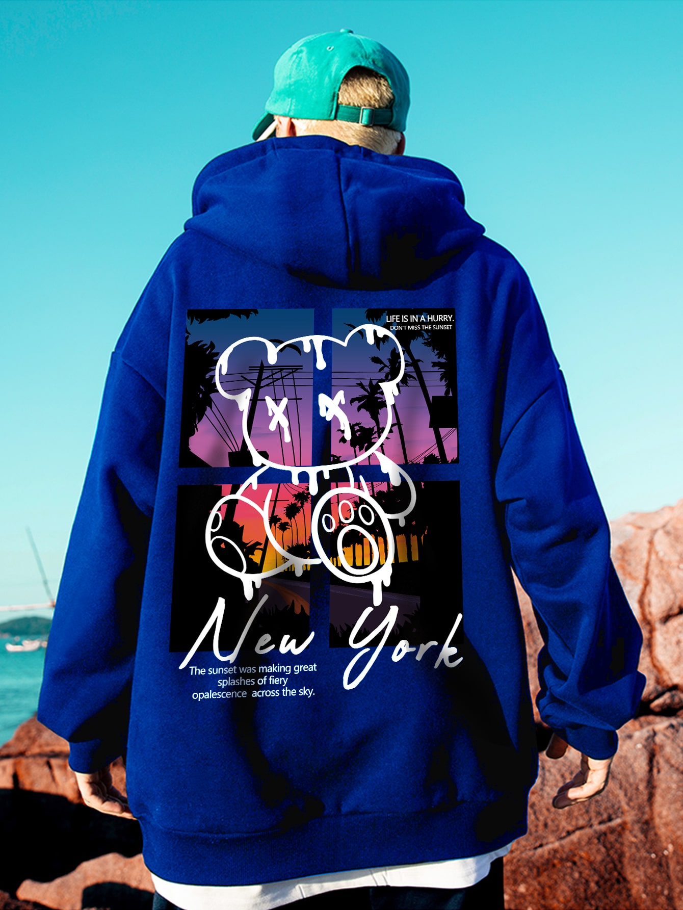 Nova iorque arte palavra dos desenhos animados urso pôr do sol cenário design roupas masculinas hip hop rua hoodies all-match bolso pullovers masculino com capuz