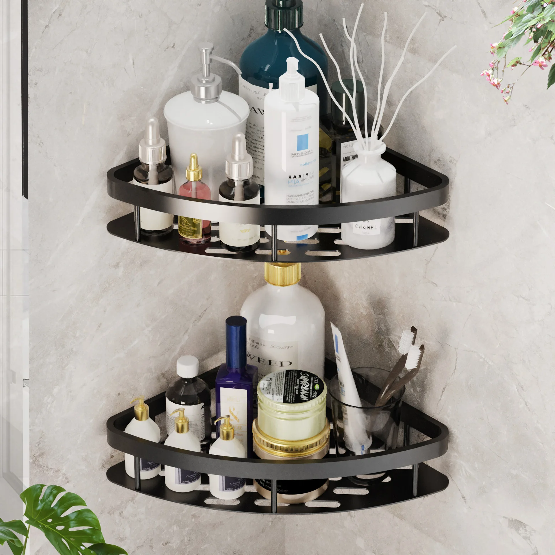 Bathroom Shelf Aluminum Alloy Shampoo Storage Rack Without Drilling Wall Mounted Shower Corner Shelves Bathroom Accessories