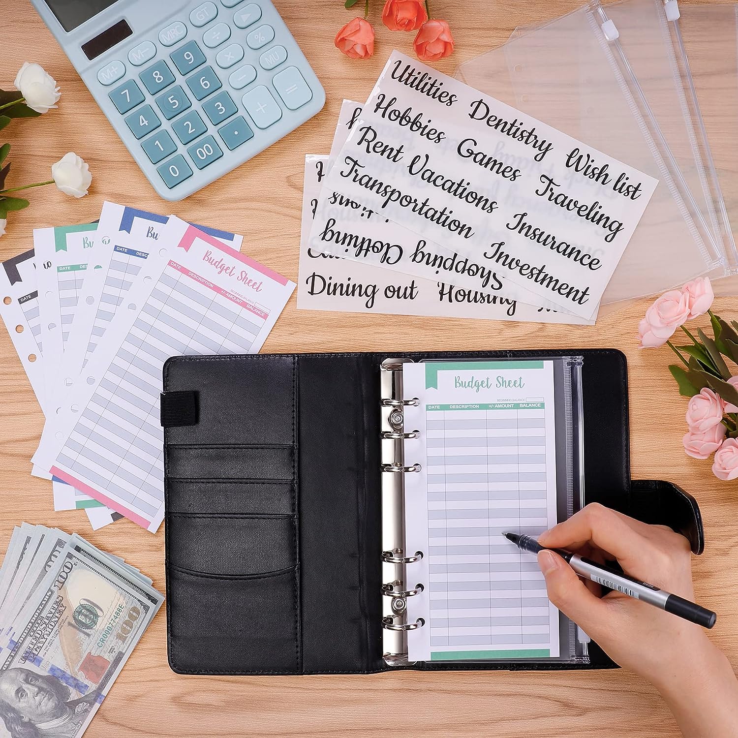 Segregator budżetowy A6 z kopertą na gotówkę Książka oszczędnościowa Planer budżetowy Segregator na laptopa ze skóry PU z kieszenią na segregator Folder do napełniania gotówką