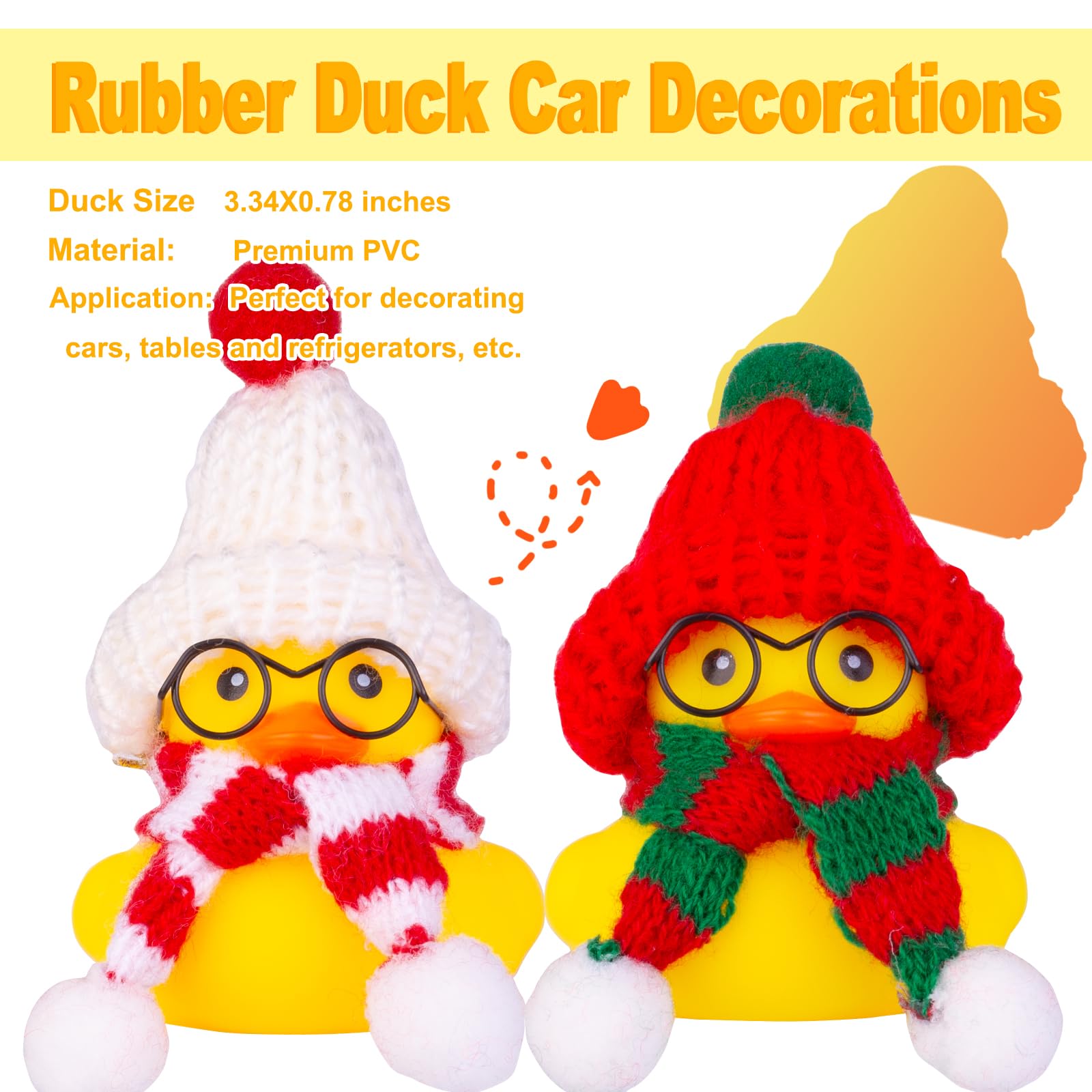 2 pacotes de patos de borracha para carro, decoração de painel, patos de inverno, acessórios de ornamentos de carro com mini gorro, chapéus, cachecóis e óculos de sol