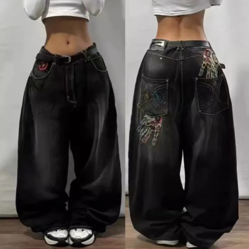 Neue Amerikanische Trend Vintage Hip Hop Brief Stickerei Muster Baggy Jeans Männer Und Frauen Y2K Harajuku Gothic Breite Hosen Streetwear