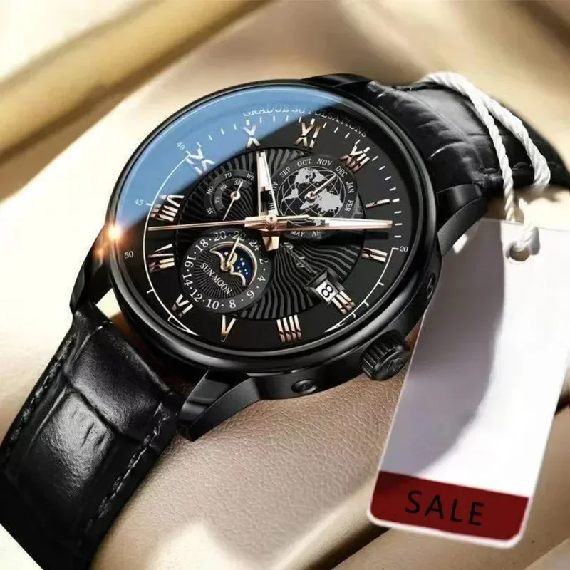 Reloj de lujo para hombre, cronógrafo resistente al agua, patrón de fase lunar, reloj de pulsera luminoso para hombre, relojes de cuarzo de cuero PU para hombre, reloj informal