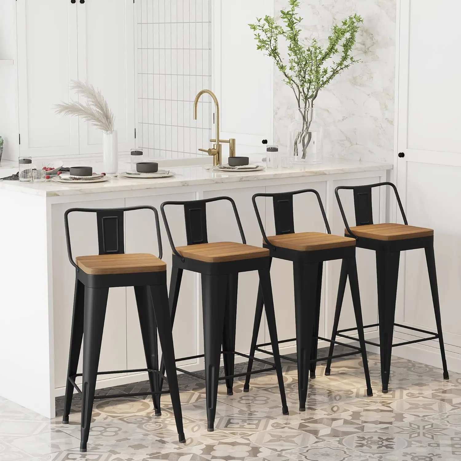 Metal Bar Stools Set of 4 Counter Height Bar Stools Barstools with Removable Back 26" Kitchen Bar Stools with Wooden Se