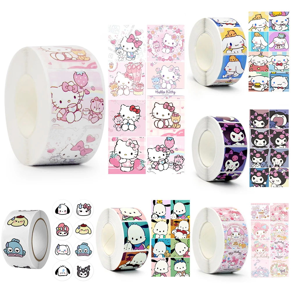 Rotolo di adesivi per cartoni animati Sanrio/500 pezzi carino Cinnamoroll My Melody Kuromi adesivi ricompensa manuali per studenti adesivi decorativi regalo