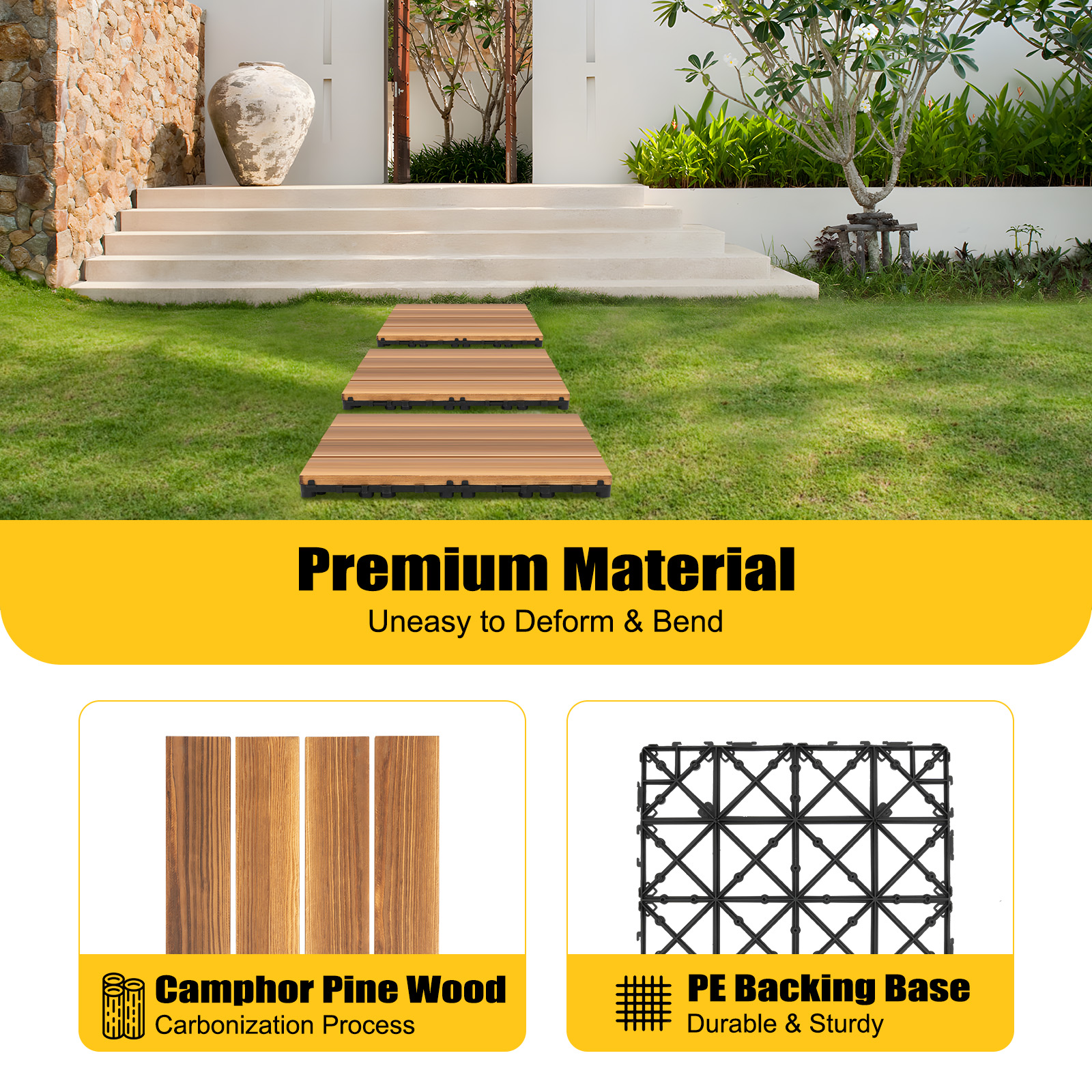 36Pcs Hardwood Interlocking Patio Deck Tiles Wood Interlocking Flooring Tiles 12" × 12" Interlocking Tiles Outdoor Waterproof