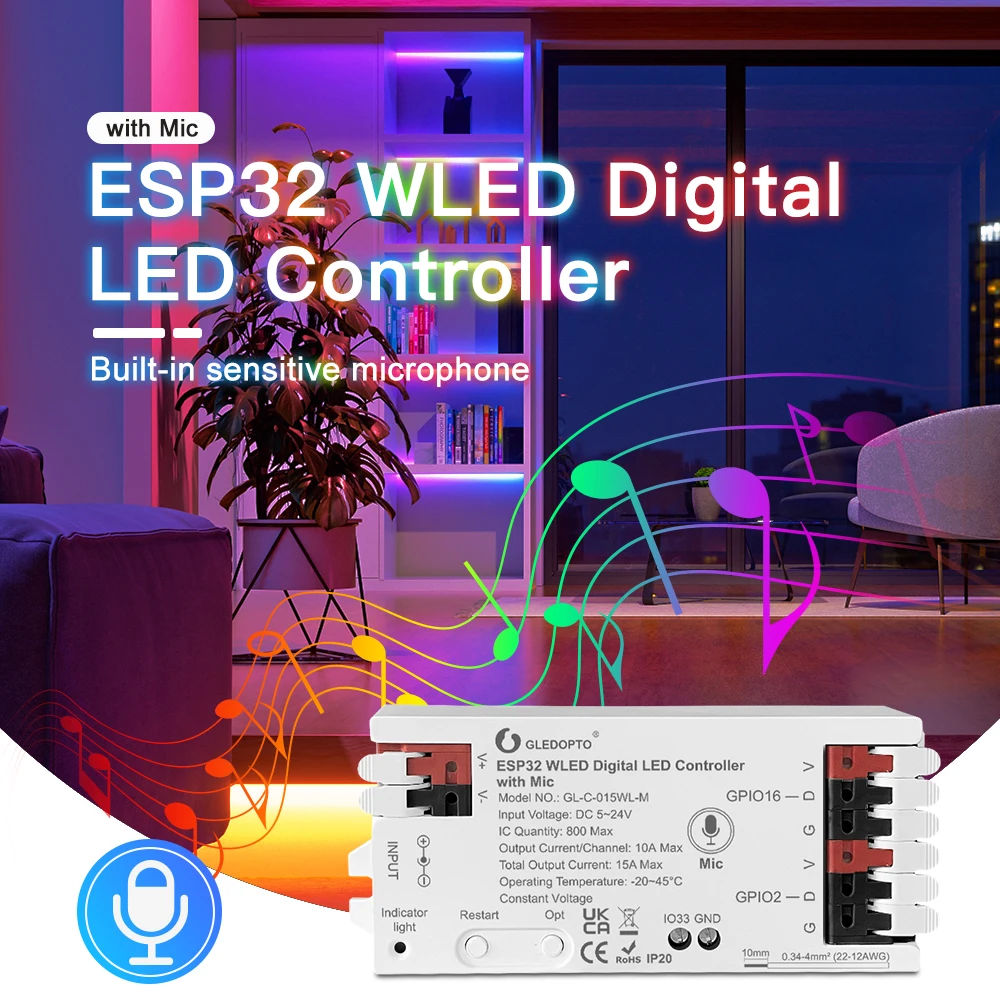 ESP32 WLED LED Controller ไมโครโฟนไมโครโฟนเพลงแบบไดนามิก RGB IC DIY App WS2811 WS2812 SK6812 TM1814 WS2813 WS2815 Strip