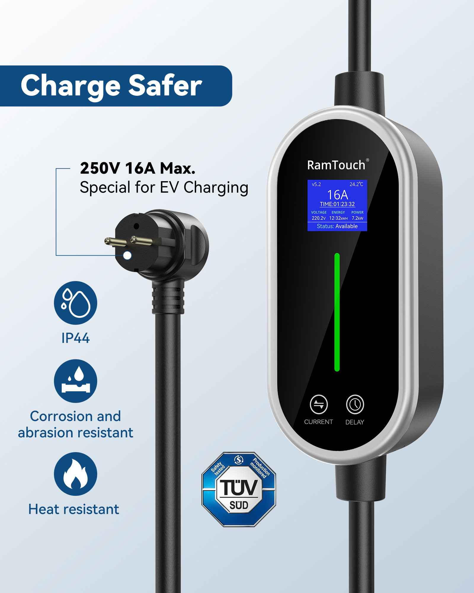 RamTouch Carregador EV Portátil Tipo 2, 3.7kW/7.4kW, 6.5M, Plugue Schuko ou CEE, Corrente Ajustável 8-16A/8-32A, LCD, LED, Temporizador de 1-12H